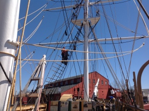 Working on the rigging of the Charles W Morgan, in the background the H.B. du Pont Preservation Shipyard. This also includes a wonderful exhibition on the restoration process.