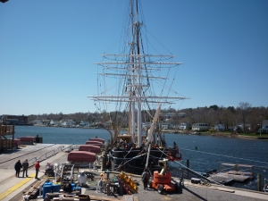 The shiplift was installed in 2007 and used to lift the whaleship, carefully cradled in blocks and braces, out of the water. A computer controls the lift, monitors and distributes loads and protects the vessel from damage. A horizontal track system moves the vessel ashore and a concrete platform under the rails collects all waste from the work on the ship. This protects the Mystic River's water quality and marine habitat. 